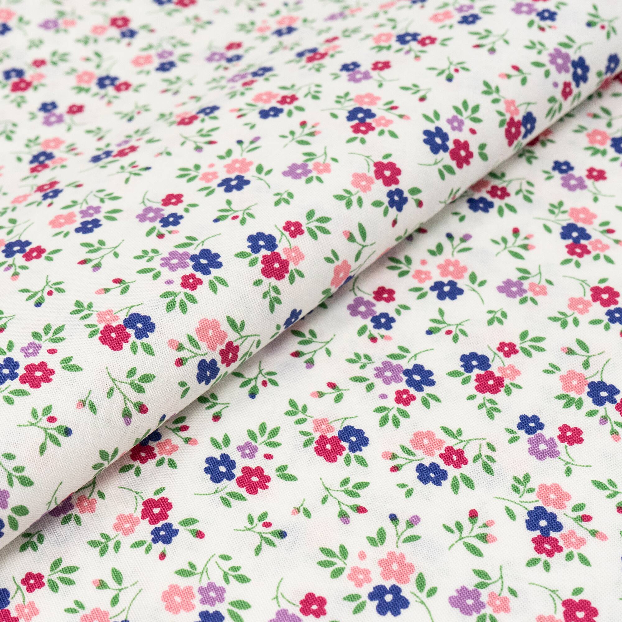 SINGER Purple & Pink Flower on White Cotton Fabric